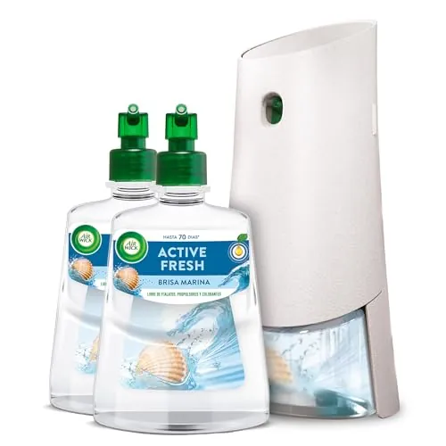 Air Wick Active Fresh Spray Automático Sin Aerosol, Ambientador Hogar Fragancia Brisa Marina, 1 Aparato, 2 Recambios, Neutralizador de Olores, hasta 70 Días de Frescor