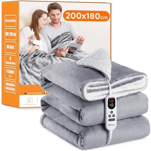 Manta Eléctrica Grande Térmica para Cama 180x200cm 10 Niveles de Calor y Temporizador de Apagado Automático de 1~9 Horas para Protección, Pantalla LED, para Cama Hogar y Oficina, Franela Lavable,Gris