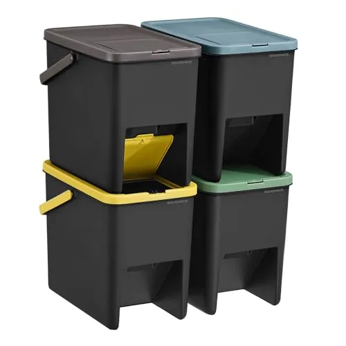 SONGMICS Cubo de Basura, Juego de 4 Cubos Apilables, 20 L Cada | Sistema de Separación Residuos, Tapas Apertura a Presión, Sin Pegatinas, Negro, Colección PUNKOOL LTB760BZ01