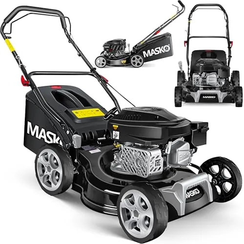 MASKO® Cortacésped de gasolina 3 en 1, ancho de corte de 42 cm, ajuste de altura de corte de 7 niveles, motor OHV de 4 tiempos, 3,4 CV, cesta de 50 litros