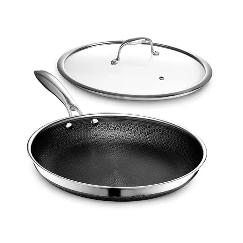 HexClad Sartén Hybrid Antiadherente de 30 cm con Tapa de Vidrio Templado, Asa que se Mantiene Fría, Apto para Lavavajillas, Horno hasta 480°C e Inducción, Compatible con todas las Estufas
