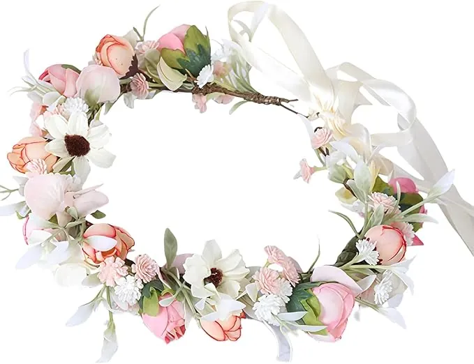 Corona Floral Para Novia Corona Flores Rosa Coronas de Flores Ajustable Individualmente Con Una Correa Accesorios Para el Cabello Para Mujeres (rosa)