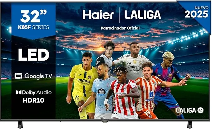 Haier Direct LED Full HD H32K85FFX - 32", Smart TV, Google TV, Dolby Audio, HDR 10, Smart Remote Control, Google Assistant, Procesador Quad Core, Bluetooth 5.1, DBX TV, HDMI 2.1 x 4, Sin Marcos, 2025