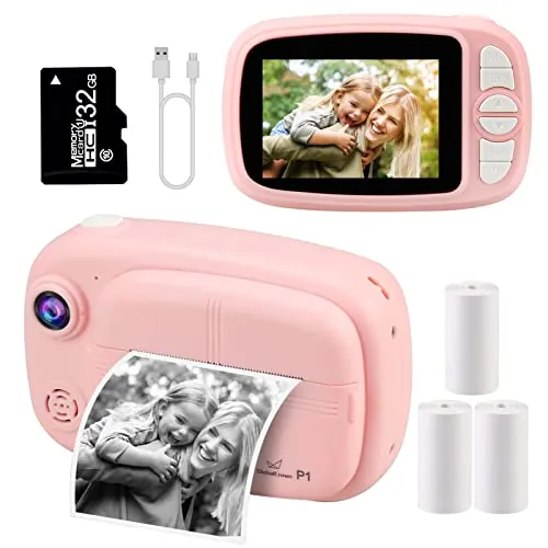 GlobalCrown Cámara Infantil Instantánea, Pantalla 3.5 Pulgadas, Regalo para Niños de 3 a 12 Años (Incluye 4 Rollos Papel y 32GB Tarjeta)