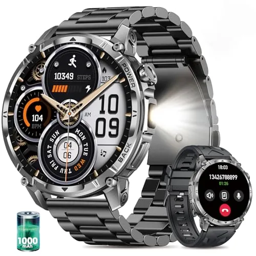 SLOKSFil Reloj Inteligente Hombre Militar con Batería 1000 mAh y Linterna LED, 1.7” Smartwatch Hombre con Llamadas Bluetooth Pulsómetro SpO2 Sueño 110+ Modos Deportivos Android iOS