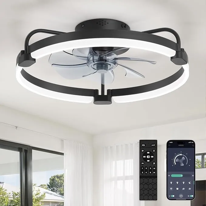 ZMISHIBO Ventilador de Techo con Luz y Control Remoto, Ø52,5 cm, 3000-6000K Regulable, Ventilador LED Empotrado Moderno, 6 Velocidades, Ideal para Dormitorio，Negro