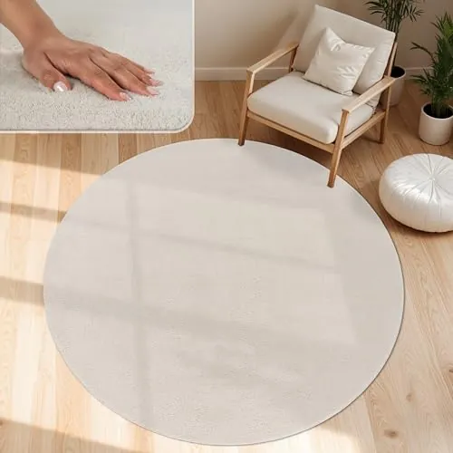 Paco Home Alfombra Moderna y Suave para Salón a Pelo Corto Lavable Fluffy Uni Efecto Piel Intemporal Elegante Antideslizante Fácil de Limpiar, tamaño:Ø 160 cm Redon, Color:Crema 4