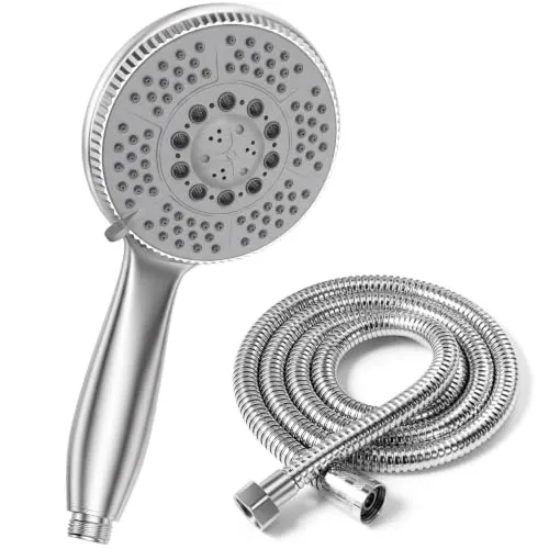 Vinabo Alcachofa de Ducha con Manguera 1,5 m, 5 Modos, Acabado Cromado | Teléfono de ducha con flexo de acero inoxidable, boquillas de silicona, conexión universal G1/2 y montaje fácil