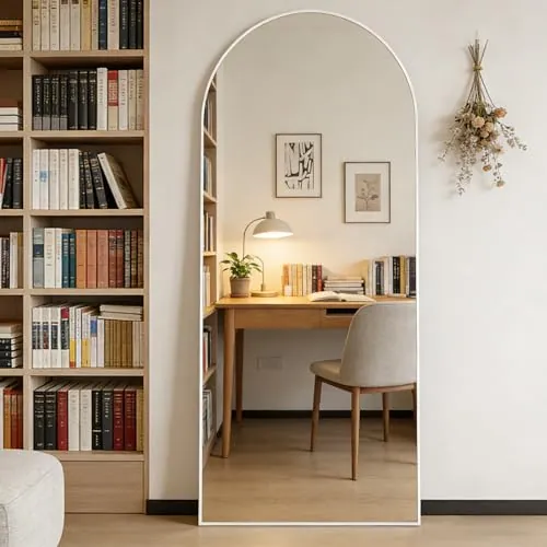 Elemango Espejo de Cuerpo Entero arqueado, 165 x 60 cm Espejo de pie Blanco para Dormitorio, Espejo de vestidor para Colgar o apoyar, Espejo de Pared para salón y recibidor