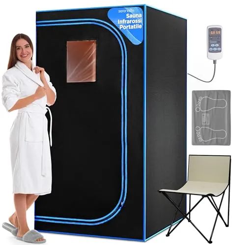 SereneLife SPA portátil infrarrojo de tamaño Completo para el hogar. Sauna para una Persona con Almohadilla calefactora para los pies y Silla plegable