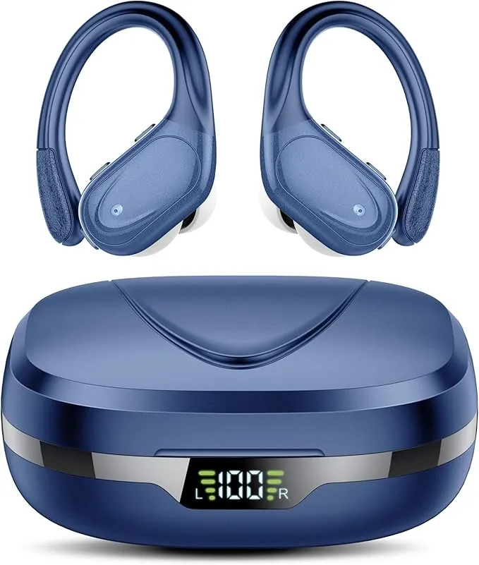 Auriculares Inalambricos, Auriculares Bluetooth 5.3 Deportivos con Gancho de la Oreja, 60H de Reproducción, Pantalla LED, Llamada ENC HD, Profundamente Bajo, Ajuste Cómodo, IP7 Impermeable Azul Claro