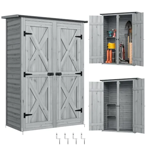 Outsunny Caseta de Jardín de Madera Armario Exterior 115x53x156 cm Gris | Cobertizo Jardín Exterior, para Herramientas, Puertas Dobles con Pestillo, 2 Estantes, Techo Inclinado, Fijación con Estacas