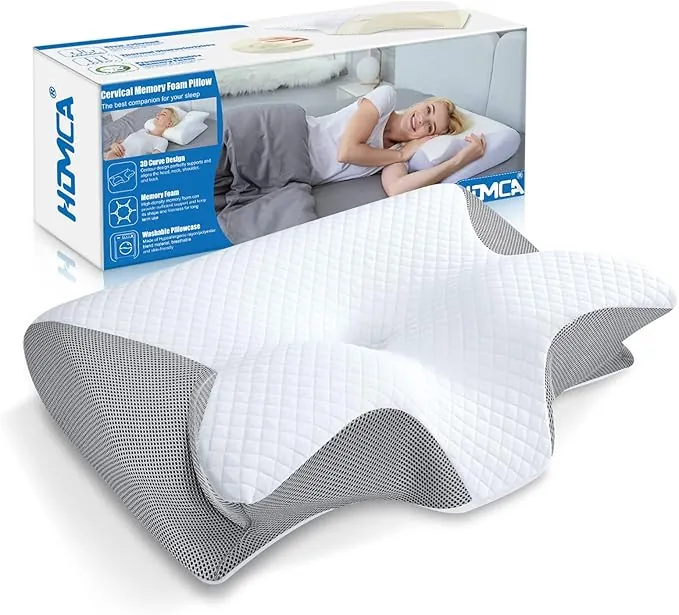 HOMCA Almohada Cervical, 2 en 1 Almohada Ergonómico Espuma de Memoria Almohada para Soporte de Cabeza/Cuello/Hombro, Relajación y Alivio del Estrés, 60x40x12/14cm, Gris