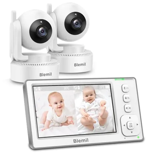 Blemil 4.3" IPS camara vigilancia bebe , 2 Cámaras, Batería Mejorada | Vigilabebes con Camara, Pantalla IPS Grande, PTZ Remoto, Visión Nocturna, Modo ECO, Pantalla Dividida, 8 Canciones de Cuna