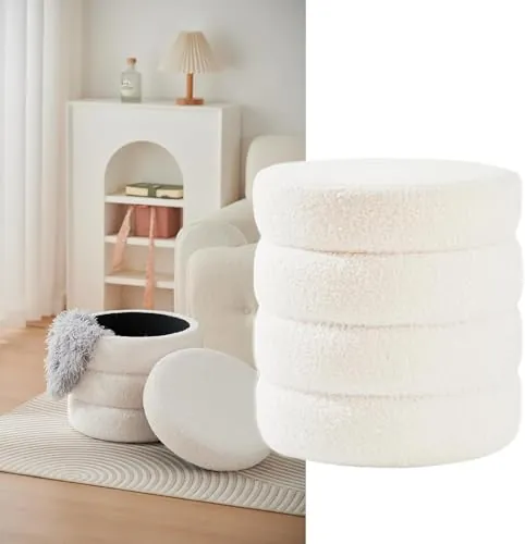 Madera Nieve Taburete Puff Redondo de Borreguito Blanco con Almacenaje – Asiento Acolchado Bouclé Teddy Tipo Otomana para Salón, Dormitorio o Habitación Infantil