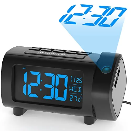 LIORQUE Radio Despertador Proyector, Reloj Despertador Digital con Gran VA Pantalla, Radio Reloj FM, C°/F°, 12/24 H, DST, 4 Niveles de Brillos, USB, Despertador Digital 180° con Función de Memoria