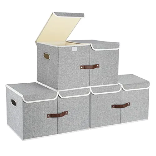 TYEERS Caja de Almacenaje con Compartimentos Extra Grande, Tela, Plegable, Caja Organizadora, 55x33x30 cm, Juego de 3, Gris