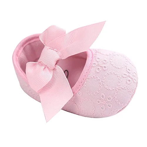 LACOFIA Zapatos de Bautizo con Suela Suave Antideslizante Princesa Arco de bebé niñas Rosa 12-18 Meses