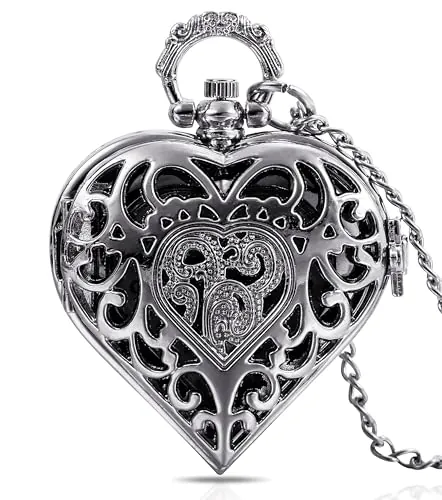 Infinite U Corazón Hueco Colgante Reloj de Bolsillo de Cuarzo para Mujer Collar con Cadena Larga Plateado