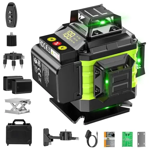 Nivel Laser Autonivelante 360 Grados, Nivel Láser Verde 16 Líneas, 2 x 360 Horizontal y 2 x 360 Verticales, 2 x Batería, Montaje en Pared, Control Remoto, Base Magnética, Soporte Giratorio