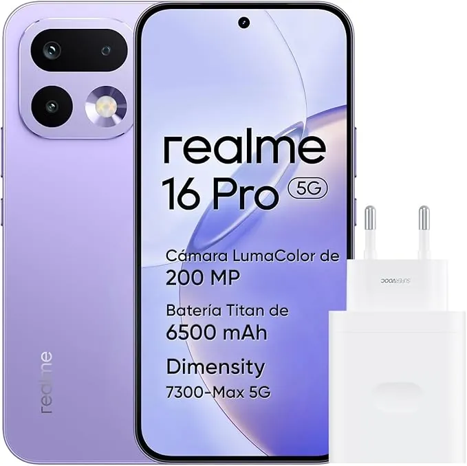 realme 16 Pro 5G Smartphone, 8GB+256GB, Pantalla AMOLED 144Hz 6,78", Batería 6500mAh, Cámara 200MP OIS, IP69K, Carga Rápida 45W, Dual SIM, Next AI, Violeta (con Adaptador)