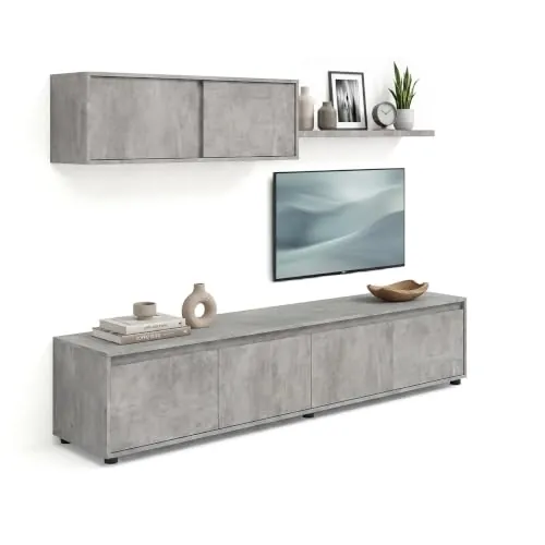 duehome | Conjunto Reversible de Salon, Mueble de TV, Modulos de Comedor, Modelo Arlet, Acabado en Cemento, Medidas: 200 cm (Largo) x 41 cm (Fondo) 43 cm (Alto)
