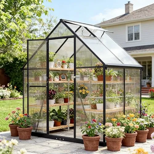 Invernadero de policarbonato negro 2026, 195 x 113 x 175, marco de aluminio para jardín y terraza, casa de plantas con ventana de ventilación, canalones, estable para todo tipo de climas, resistente