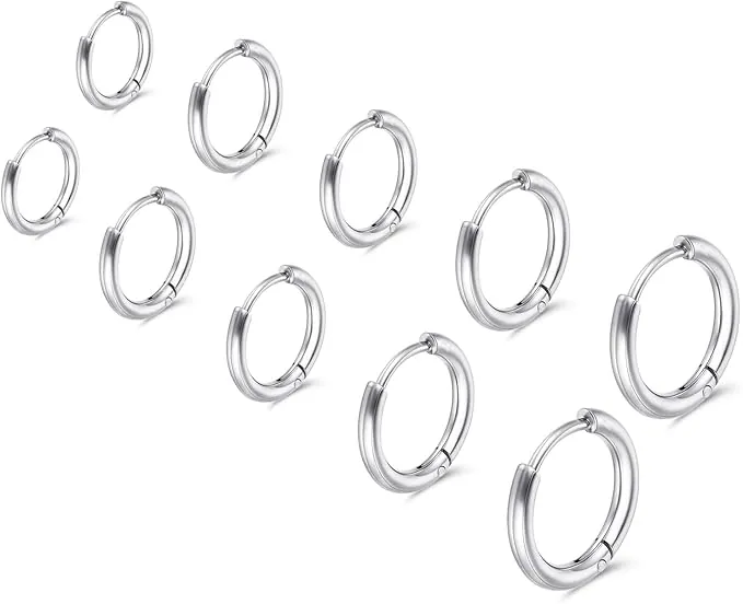 Nogeqi 5 pares de pendientes de plata para hombre, aros hipoalergénicos y ligeros, acero inoxidable
