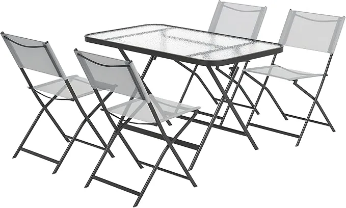 Outsunny Conjunto de Jardín Conjunto de Comedor de Exterior de 5 Piezas Incluye 1 Mesa de Vidrio Templado y 4 Sillas Plegables Estilo Moderno para Terraza Patio Gris