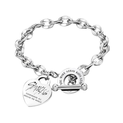 DEFGNOP Stray Pulsera de Acero Inoxidable Stray, Pulsera Unisex de Plata, con Colgante de CorazóN, con 1 Pegatina SKZ y 2 Tarjetas SKZ Photocard