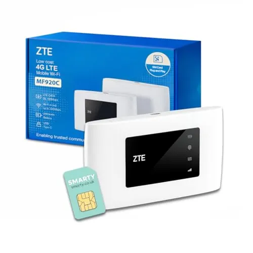 ZTE MF920, CAT4/4G LTE Mobile Wi-Fi, Punto de Acceso portátil Desbloqueado de bajo Costo, Conecta hasta 32 Dispositivos, batería de 2000 mAh, con Tarjeta SIM Smarty Gratis, Color Blanco