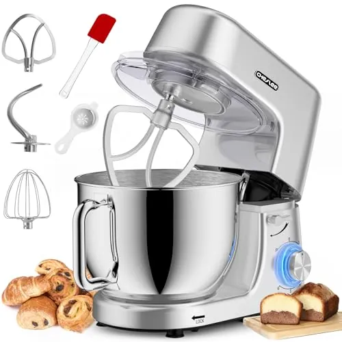 Homlee Batidora Amasadora Profesional 2000W Bajo Ruido Amasadora de Pan,con Bol de Acero inoxidable de 7.2 L,Amasador,Batidor,Varillas y Protección Para Salpicaduras 6 Velocidades