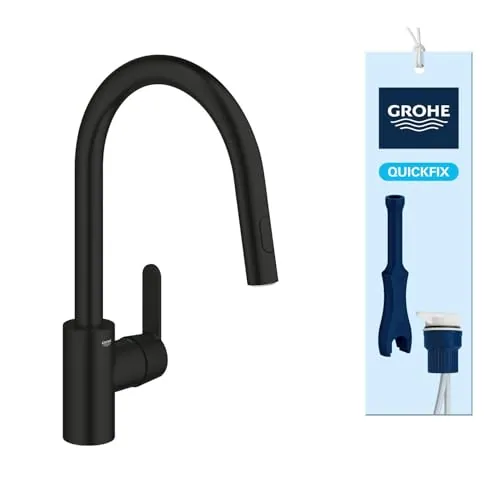 GROHE Get – Grifo Cocina con Caño Extraíble (2 Chorros, Caño Alto 381mm, Giro 360°, Cartucho 35mm, Acoplamiento Suave, Conexión 3/8", QuickMount), Negro Mate, 314842431