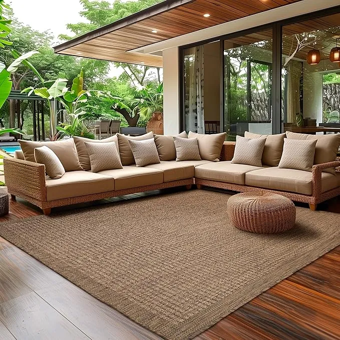 Alfombra exterior impermeable para terraza, balcón, jardín, cocina, diseño liso, tejido plano, aspecto de sisal, lavable, 160 x 230 cm, marrón