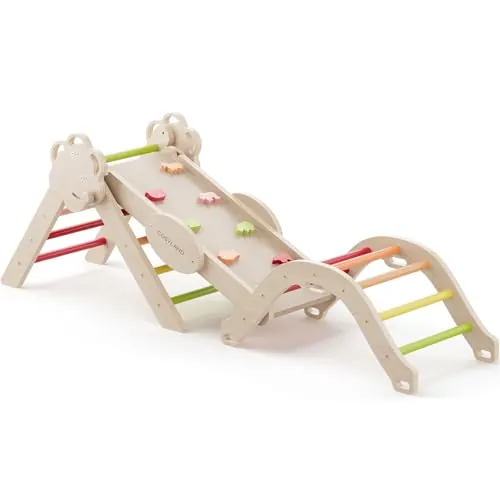 COSYLAND 8 en 1 Triángulo de Escalada Montessori con Arco y Rampa, Set Plegable Infantil, Juguete de Madera Resistente para Interior, Niños 18 Meses-6 años, Natural/Multicolor, Grande