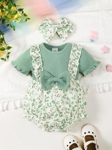 Conjunto de body acanalado para bebé niña con estampado floral de burbujas con lazo y diadema, Verde, 12 -18 meses