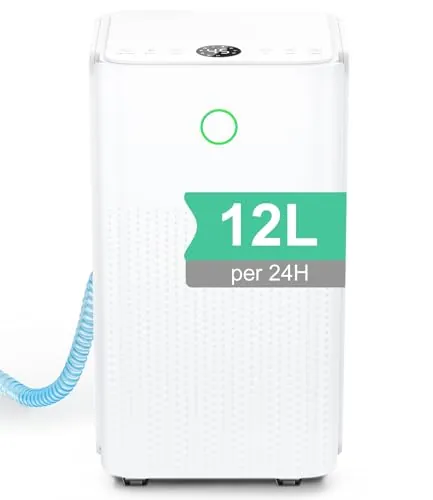 Deshumidificador 12L/24H - Deshumidificadores Eléctrico con Compresor, 3 Modos, Silencioso y de Bajo Consumo, Drenaje Continuo, Depósito 2,2L, Temporizador 24H, Deshumificadores de Humedad para Hogar