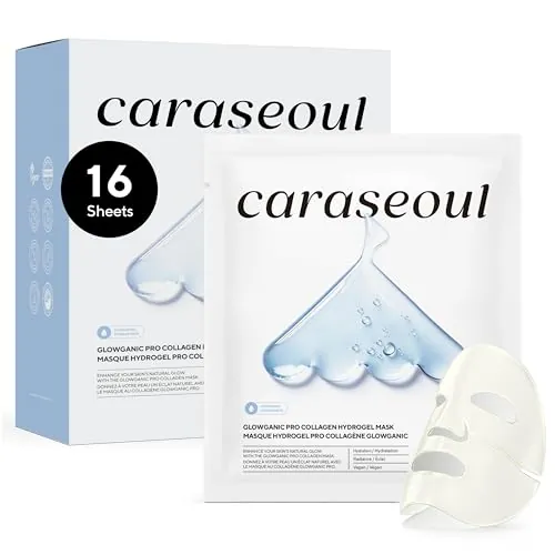 caraseoul Glowganic Pro Colageno Mascarilla Facial Hidrogel - Niacinamida (Vitamina B3) y Adenosina, Hidratante e Iluminadora, Minimiza Poros, Skincare Coreano, Vegana, Mascarillas Noche [16 Piezas]