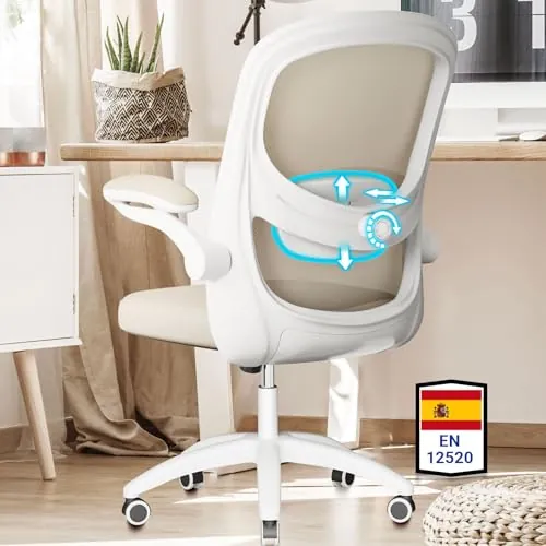 MELOKEA Silla Escritorio Juvenil con Soporte Lumbar biónico 4D, Silla Oficina ergonomica, reposabrazos abatibles a 100°, Ajustable en Altura, Malla, Cumple con Normas EN12520, Color Gris y Beige