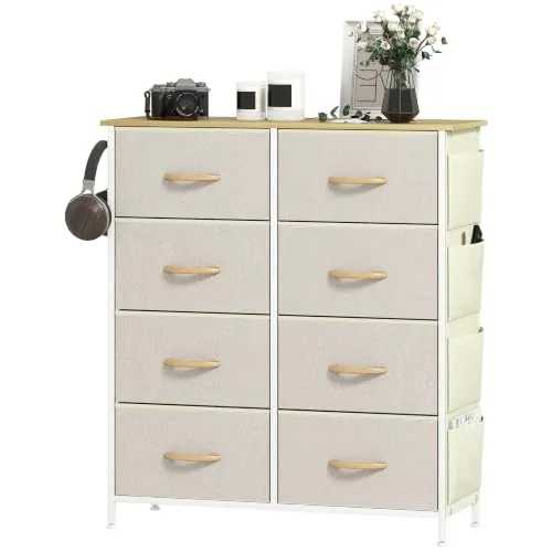 HOMCOM Cajonera de Tela Alta con 8 Cajones 4 Bolsillos 2 Ganchos Beige | Estructura de Acero, Cómoda para Dormitorio Sala de Estar Pasillo