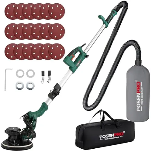 POSENPRO Lijadora de Pared Eléctrica 810W 500-2100 RPM, con 5 Velocidades Ajustables, 18 Unidades de Papel de Lija, Mango Extensible Plegable, Sistema Automático de Recolección de Polvo, Luz LED