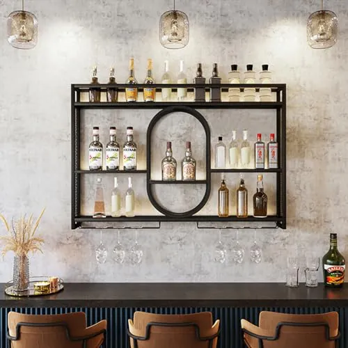 Zanefoo Botellero de Metal con portavasos de Pared,Estante de Vino Montado en la Pared con Luz LED Almacenamiento Moderno de Vino para Bar doméstico, Cocina, Catering(Black,1m)