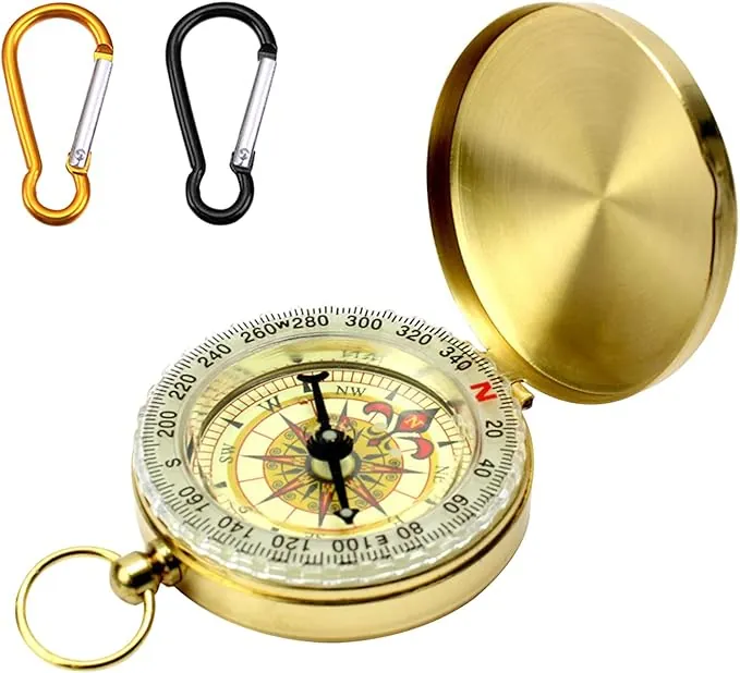 Reloj de Bolsillo Con Brújula Dorada y 2 Mosquetones (Negro y Naranja) - Brújula Direccional de Cobre Puro, Luminosa, para Montañismo y Otras Actividades al Aire Libre