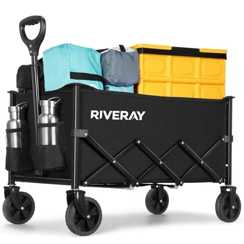 RIVERAY Carro Plegable con Ruedas 120L/120KG | Carrito Playa con Mango Telescópico Ajustable y Ruedas Desmontables – Ideal para Camping, Jardín, Compras y Festivales