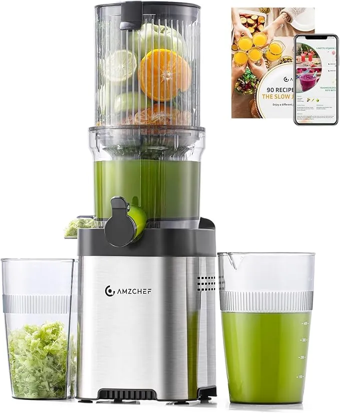AMZCHEF Sin Preparación 120MM Slow Juicer - Limpieza Rápida Licuadora Prensado en Frio - Extractor 2L capacidad para verduras y frutas enteras [Clase de eficiencia energética A+++]