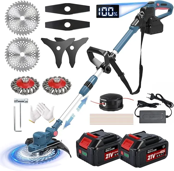Desbrozadora Bateria 21V, Desbrozadora Electrica con 2 x 4.0Ah Baterías, Cortacesped Electrico 5 En 1 Cortabordes Bateria con Cepillo de Malas Hierbas, Motor sin Escobillas, Pantalla LED, Azul