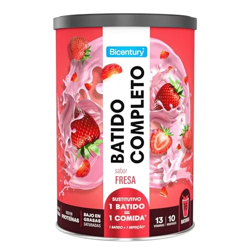 Bicentury Batido Completo Sustitutivo de Comida Sabor Fresa, Rico en Proteínas, Bajo en Grasas, Un batido equivale a una comida completa, 436 g, 16 raciones