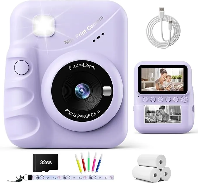 TIATUA Camara Fotos Infantil instantanea, 3,0'' HD 48 MP Cámara Instantánea para Niños con Tarjeta de 32 GB y 3 Rollos de Papel, Regalo para Niños y Niñas de 3 a 12 Años (Morado)