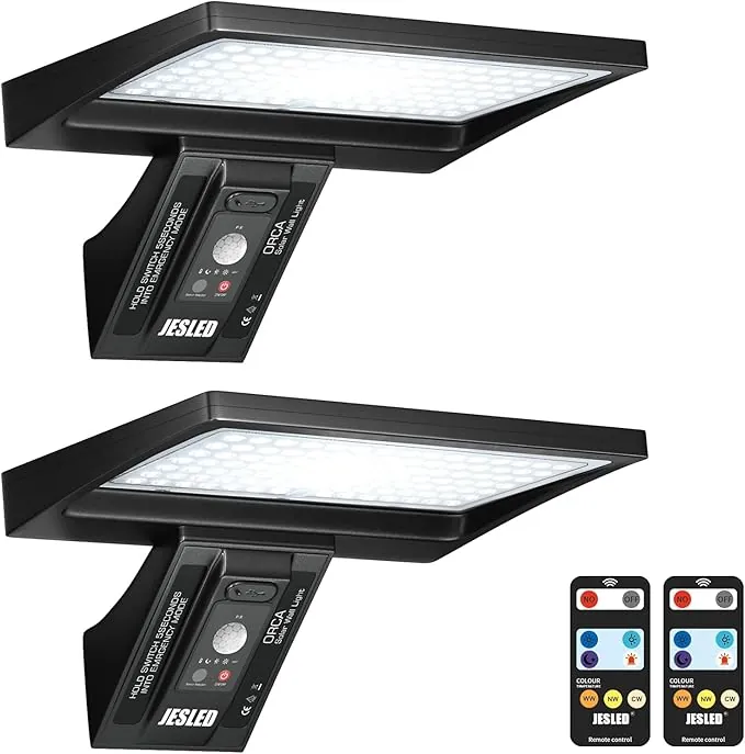 JESLED Luz Solar Exterior con Control Remoto, 104LED Focos Solares, IP65 Impermeable, 3 Colores, 4 Modos con Sensor De Movimiento para Jardín, Garaje, Camino, 2 Paquete