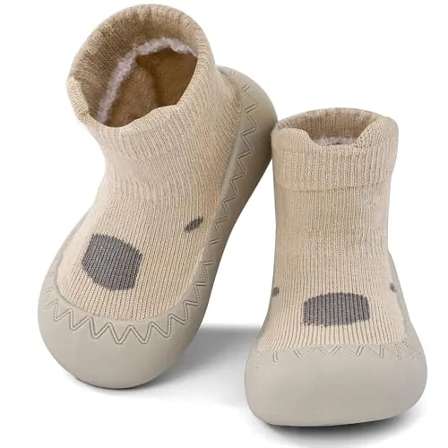 LACOFIA Zapatos Primeros Pasos Calzado Bebé Niños Niñas Calcetines Antideslizantes Bebé con Suela de Goma Oso Caqui 12-18 Meses